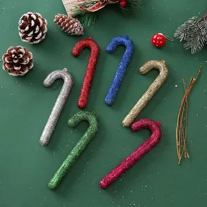 Detailansicht von sechs 12cm bunten Glitzer-Weihnachtszuckerstangen für den Baum