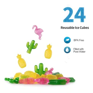 Detailed view of 24 reusable ice cubes in flamingo, cactus, and pineapple shapes