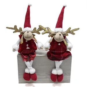 Handgemaakte Stof Kerst Rendier Ornament Schattige Pluche Eland Figuur Zittende Rendier Pop Vakantie Huisdecoratie Cadeau