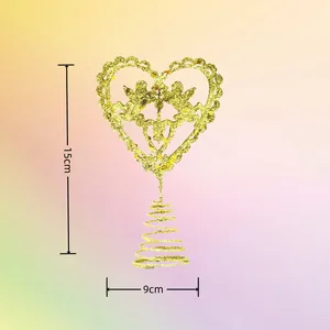 Gold glitter heart Christmas tree topper with angel design and spring base, 15cm height