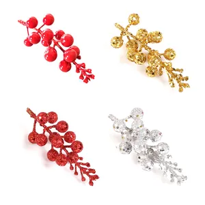 Tiges de Baies de Noël Artificielles en PVC Pailleté Baies de Houx pour Arbre de Noël Bricolage Décoration de Maison