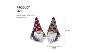 Detailed size chart of knitted Christmas gnomes showing 17cm height and 9cm width.