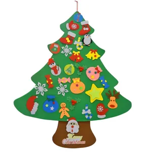 Detailed view of DIY felt Christmas tree with colorful ornaments and Merry Christmas sign