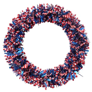 Detailed view of patriotic Independence Day tinsel wreath with US flag star and stripe patterns.