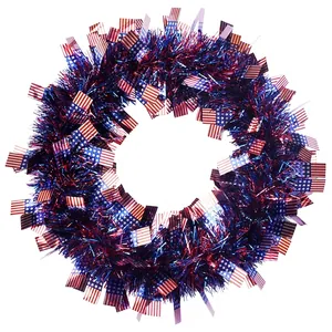 Festive Independence Day wreath featuring blue and red tinsel with US flags patterns