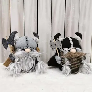 Close-up detail of two plush Viking warrior gnomes with horned helmets and axes