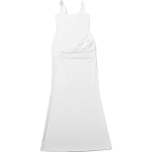 Elegant white square neck strap maxi dress with corset waist and draped detail.
