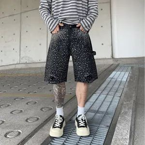 Men Rhinestone Carpenter Denim Shorts Baggy Straight Distressed Washed Hip Hop Knee Length Jean Shorts For Men Streetwear