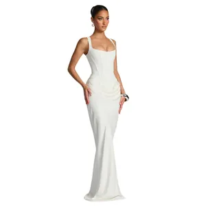 Elegant white square neck corset maxi dress with draped skirt for formal evening galas