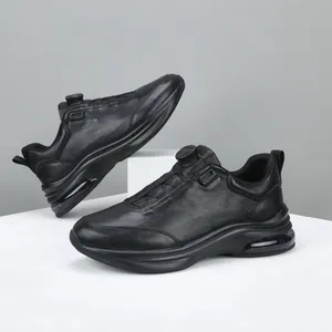 Men's premium black leather sneakers with thick air-cushion soles and dial buckle