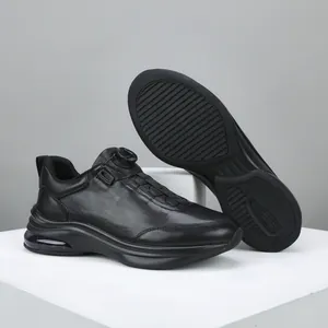 Premium black leather men's sneakers with rotating buckle and thick air cushion sole