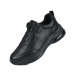 Premium black leather men's casual sneakers with quick-release rotating buckle system