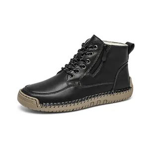 Hand-stitched women's flat Martin boots with side zipper, soft rubber sole in black