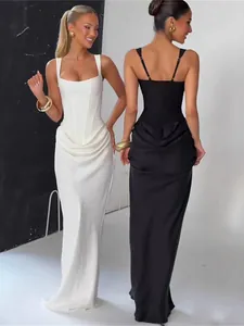 Elegant white and black corset maxi dresses with square neck and draped skirt for women