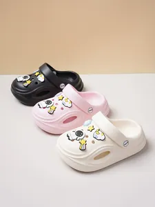 Detail view of colorful kids' clogs with cartoon astronaut and star charms