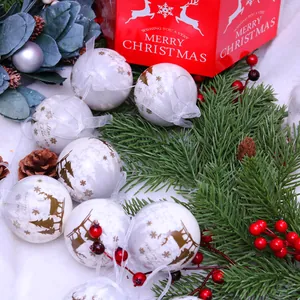 Διακοσμητικές λευκές χριστουγεννιάτικες μπάλες 7,5 cm με μοτίβα ταράνδων και δέντρων