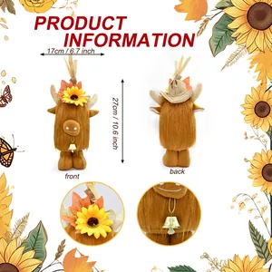 Autumn themed Highland cow plush decoration with sunflower and dimensions shown