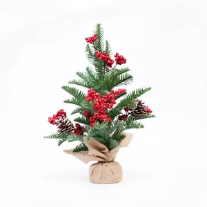 42cm Mini Weihnachtsbaum Künstlicher Gefrosteter Tisch-Kiefernbaum mit Tannenzapfen Roten Beeren Jutebasis Weihnachtsdeko