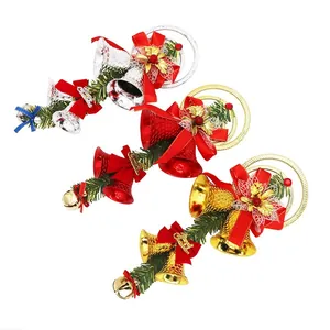 Set of Christmas tree bell ornaments in gold, red, and silver with festive bows.
