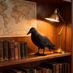 Close-up of a realistic black crow decoy on a wooden bookshelf with a vintage map.
