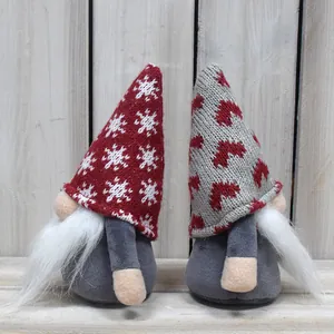 Set of two adorable plush Christmas gnomes with knitted hats and white faux fur beards