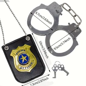 Detailed view of toy police badge and handcuffs with measurements for role play costume.