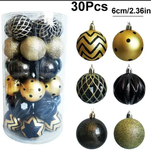 Set mit 30 schwarz-goldenen 6-cm-Weihnachtskugeln mit verschiedenen Mustern