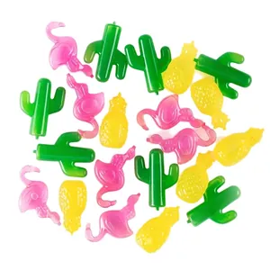 Set of reusable colorful plastic ice cubes in flamingo cactus and pineapple shapes for parties