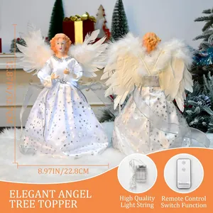 Detailed view of white angel Christmas tree topper with measurements and remote control