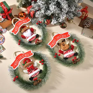 Christmas Mini Artificial Pine Needle Wreath Santa Claus Snowman Reindeer Plush Doll Merry Christmas Hanging Garland For Door Decor