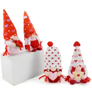 Set of four handcrafted plush Valentine's Day gnomes with heart and rose decorations
