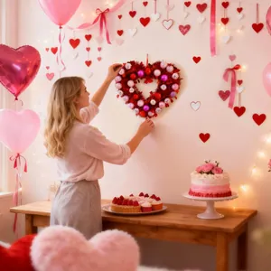 Femme accrochant une couronne de cœur rouge sur un mur décoré pour la Saint-Valentin