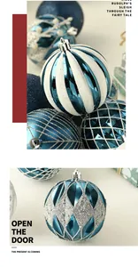 Detail of blue and silver Christmas tree ornaments with glitter and striped textures.