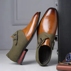 Stylish men's two-tone business dress shoes in brown leather and green suede fabric