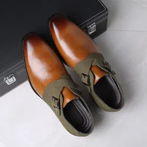 Men's Business Formal Dress Shoes Fashion Pointed Toe Monk Strap Shoes Mixed Material Color Blocking Slip-on Loafers Large Size