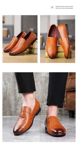 Collage of premium brown woven pattern men's leather loafers in studio and lifestyle settings