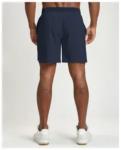 Back view detail of navy blue eco-friendly quick-dry men's sports shorts for fitness