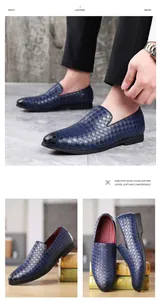 Detailed views of blue woven leather loafers with soft comfortable upper