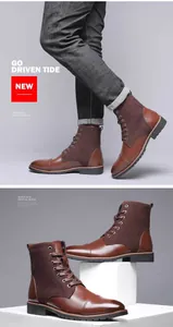 Detailed macro view of brown men's Martin boots featuring leather and suede contrast stitching