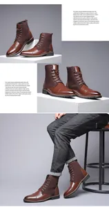 Detailed view of men's classic brown leather Martin boots featuring elegant suede stitching details