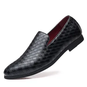 Elegant black woven leather slip-on loafers for men featuring breathable red lining