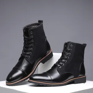 Stylish black men's casual Martin boots featuring leather and suede patchwork design