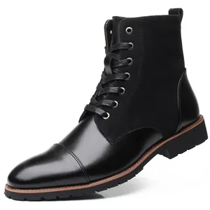 Stylish black men's lace-up Martin boots featuring mixed leather and suede textures
