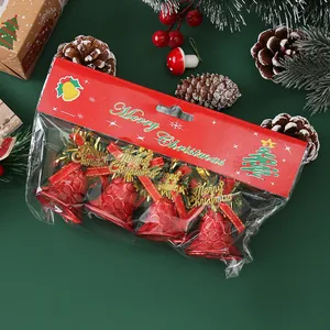 Set of 4 festive red Christmas bell hanging ornaments with golden Merry Christmas text