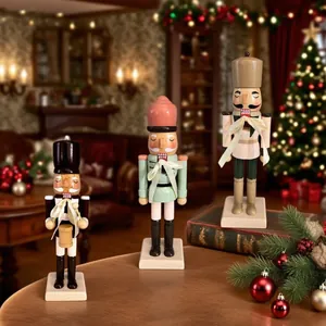 Detail view of three wooden nutcracker soldiers in a festive Christmas room setting