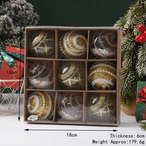 Set of 9 glitter gold painted Christmas ornaments, 6cm balls in 18x18x6cm gift box