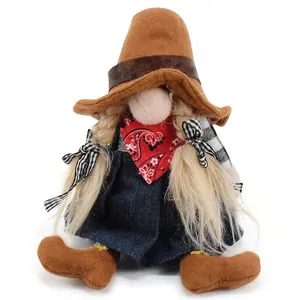 Handmade cowgirl gnome plush doll with blonde braids and denim skirt home decoration