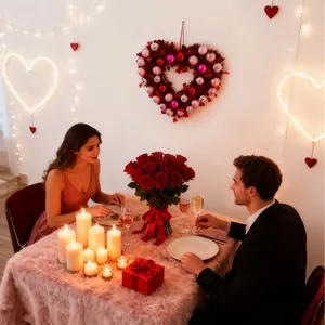 Couronne en guirlande en forme de cœur pour la Saint-Valentin dans un décor romantique.
