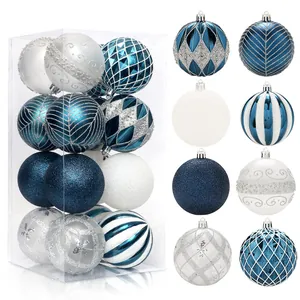 Blue White Silver Christmas Balls Set Irregular Painted Glitter Xmas Tree Hanging Ornaments For Holiday Home Decor