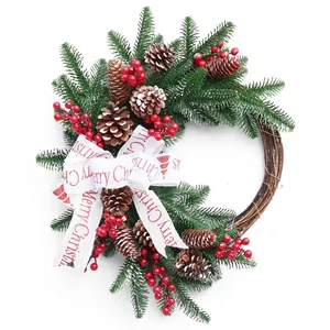 40cm festive Christmas wreath featuring PE pine needles, red berries, pine cones, and ribbon bow
